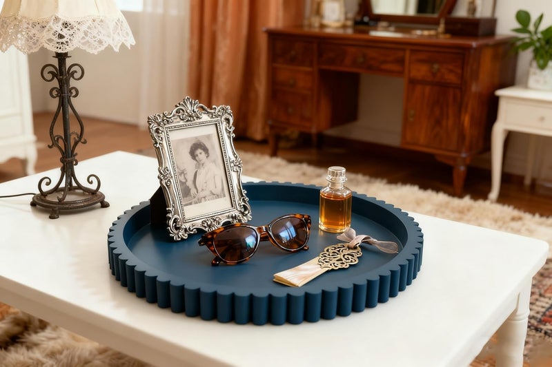 KULEDM Handmade 12in Decorative Tray for Coffee Table Tray Decor, Blue Wooden Decorative Round Tray for Kitchen, Living Room, Home Decor - Image 5